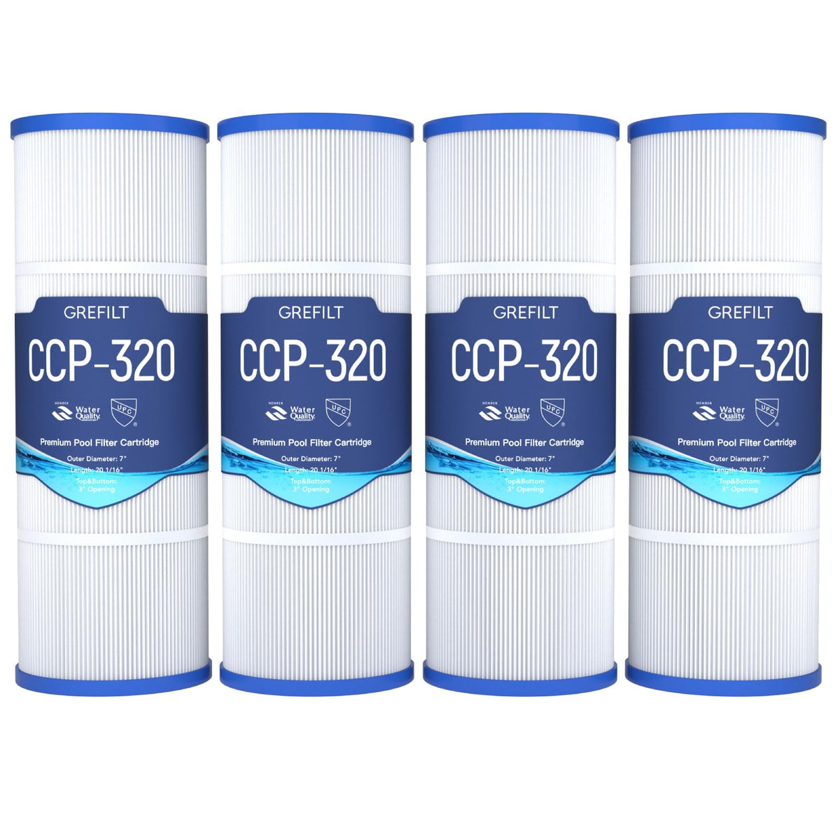 Grefilt CCP320 pool filter cartridge image shows 320 sq ft filtration for clear water.