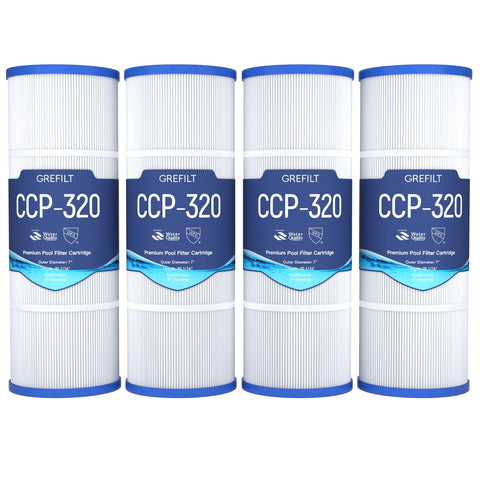 Grefilt CCP320 pool filter cartridge image shows 320 sq ft filtration for clear water.