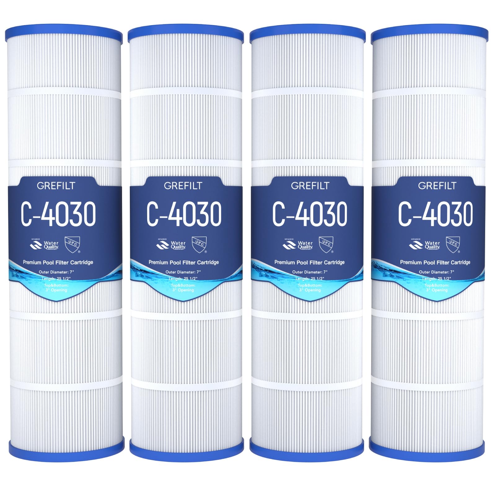 Grefilt four-pack C4030 front view filter cartridge for clear pool water