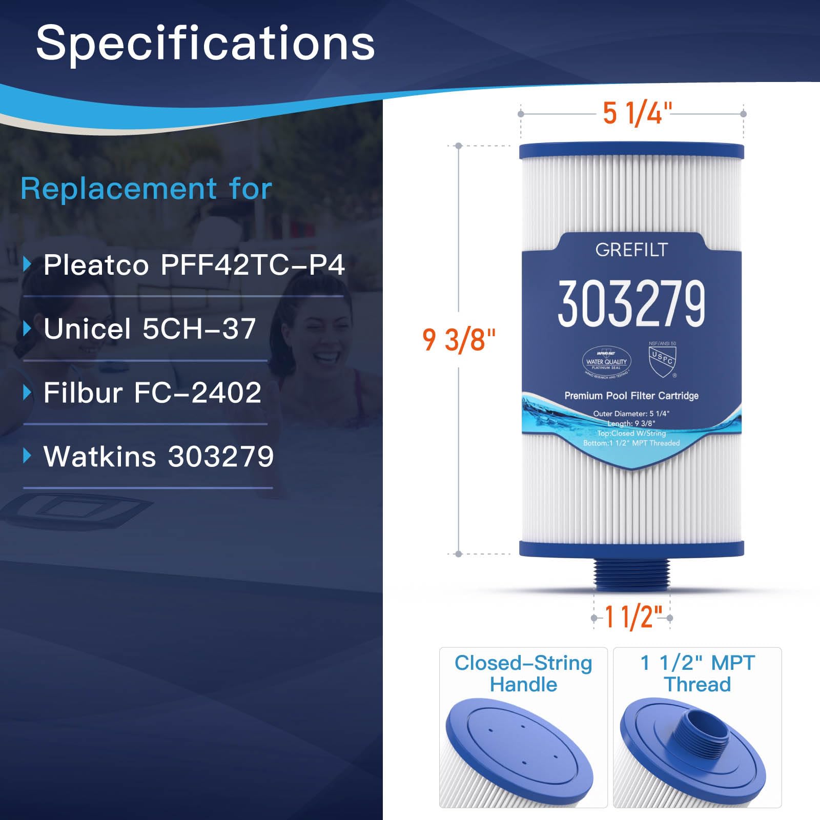 Grefilt hot tub filter PFF42TC-P4 compatibility supports clear soaked experiences