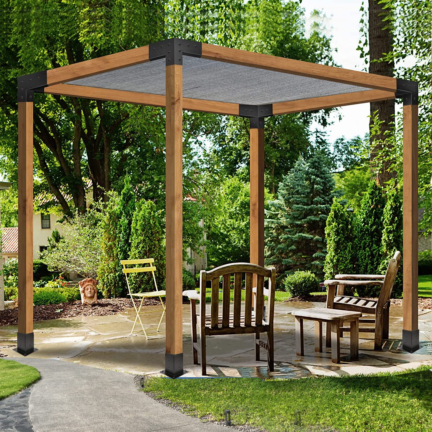 Grehitk outdoor pergola bracket set beside garden furniture for versatility.
