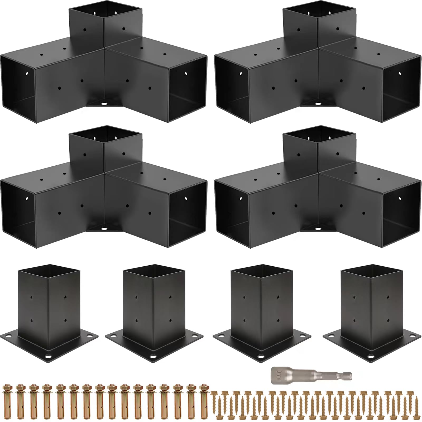 Grehitk pergola brackets close-up showing 3-way right-angle design for a stable outdoor frame.