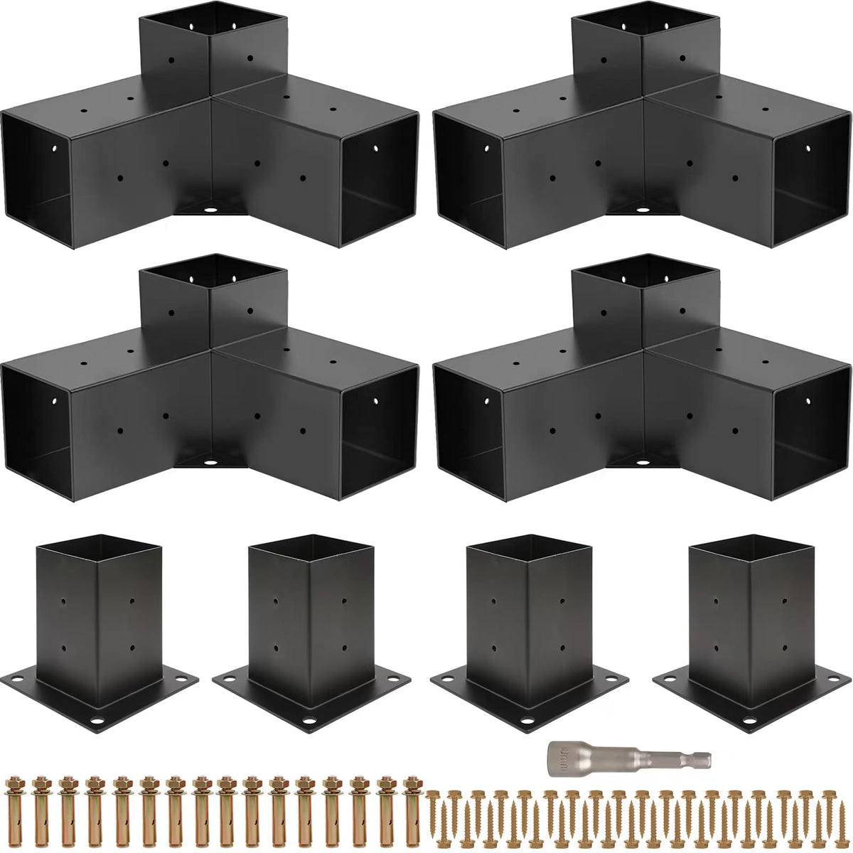 Grehitk pergola brackets close-up showing 3-way right-angle design for a stable outdoor frame.