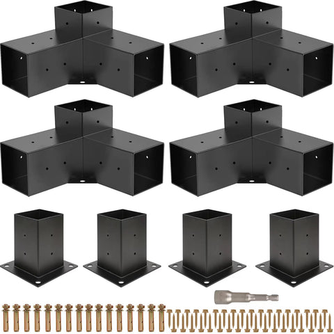 Grehitk pergola brackets close-up showing 3-way right-angle design for a stable outdoor frame.