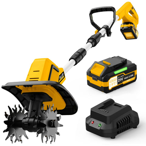 Grelawner 21V cordless tiller with 8-inch width for fast, flexible soil prep in tight beds.