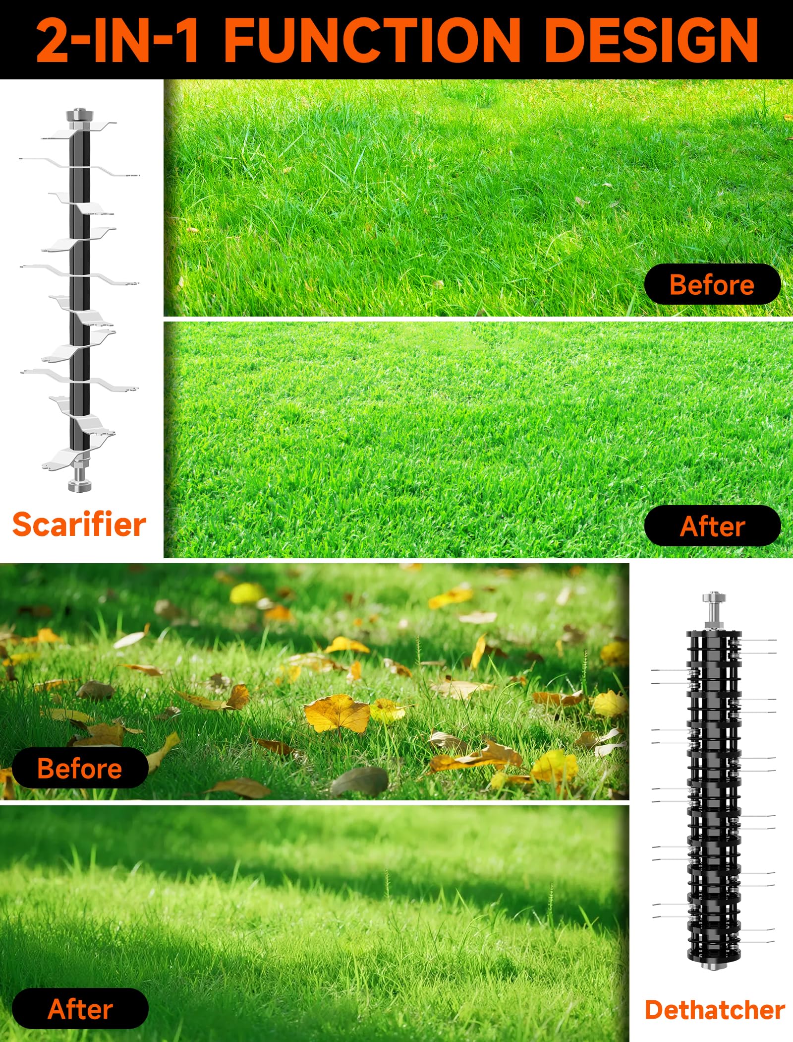 Grelawner 15.5A copper motor delivers steady power for heavy thatch tasks.