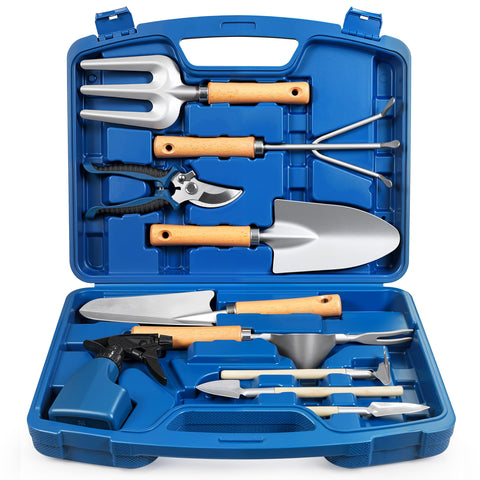 Grenebo 12-piece garden tool set with blue case, organized for easy transport.