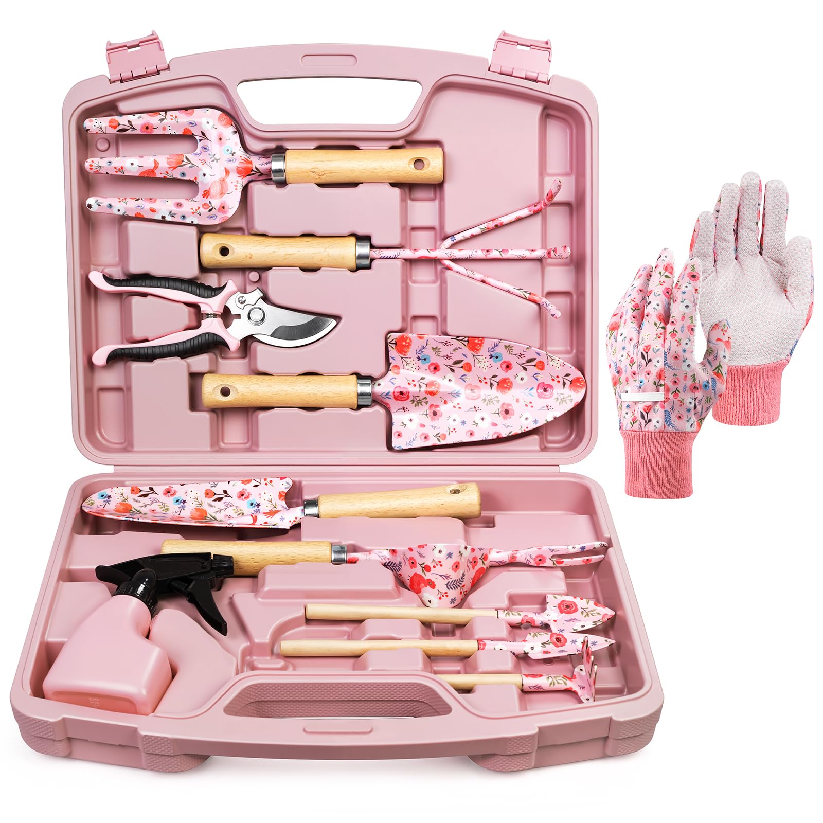 Grenebo 12-piece garden tool set pink with organized carry case for easy gardening.