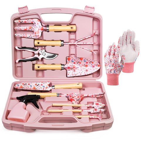 Grenebo 12-piece garden tool set pink with organized carry case for easy gardening.