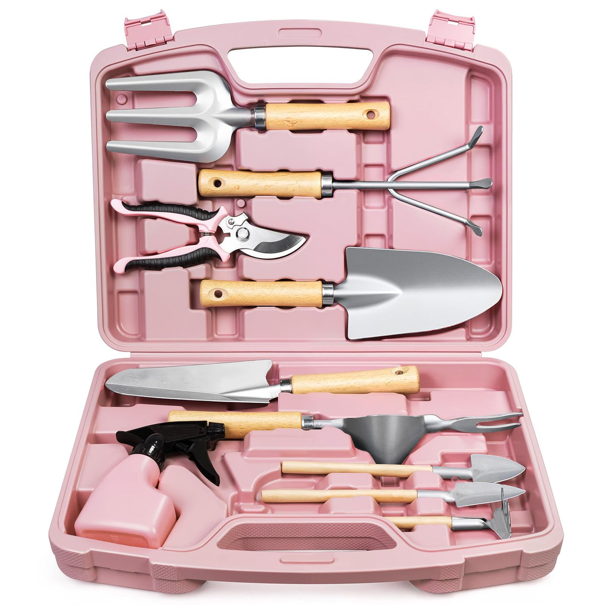 Grenebo 12-piece gardening tools with pink-silver case, organized and ready for tasks