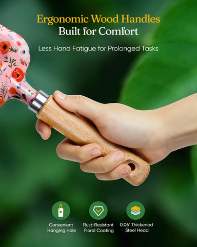 Grenebo ergonomic wooden handles reduce hand fatigue during gardening tasks.