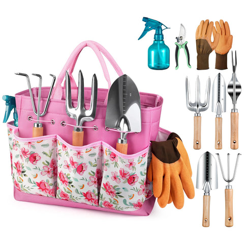 Grenebo garden tools set with tote keeps tools organized for easy gardening.