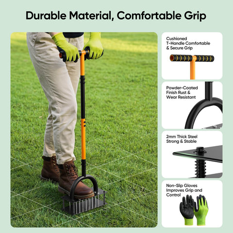 Grenebo lawn aerator cushioned T-handle reduces strain during long sessions.