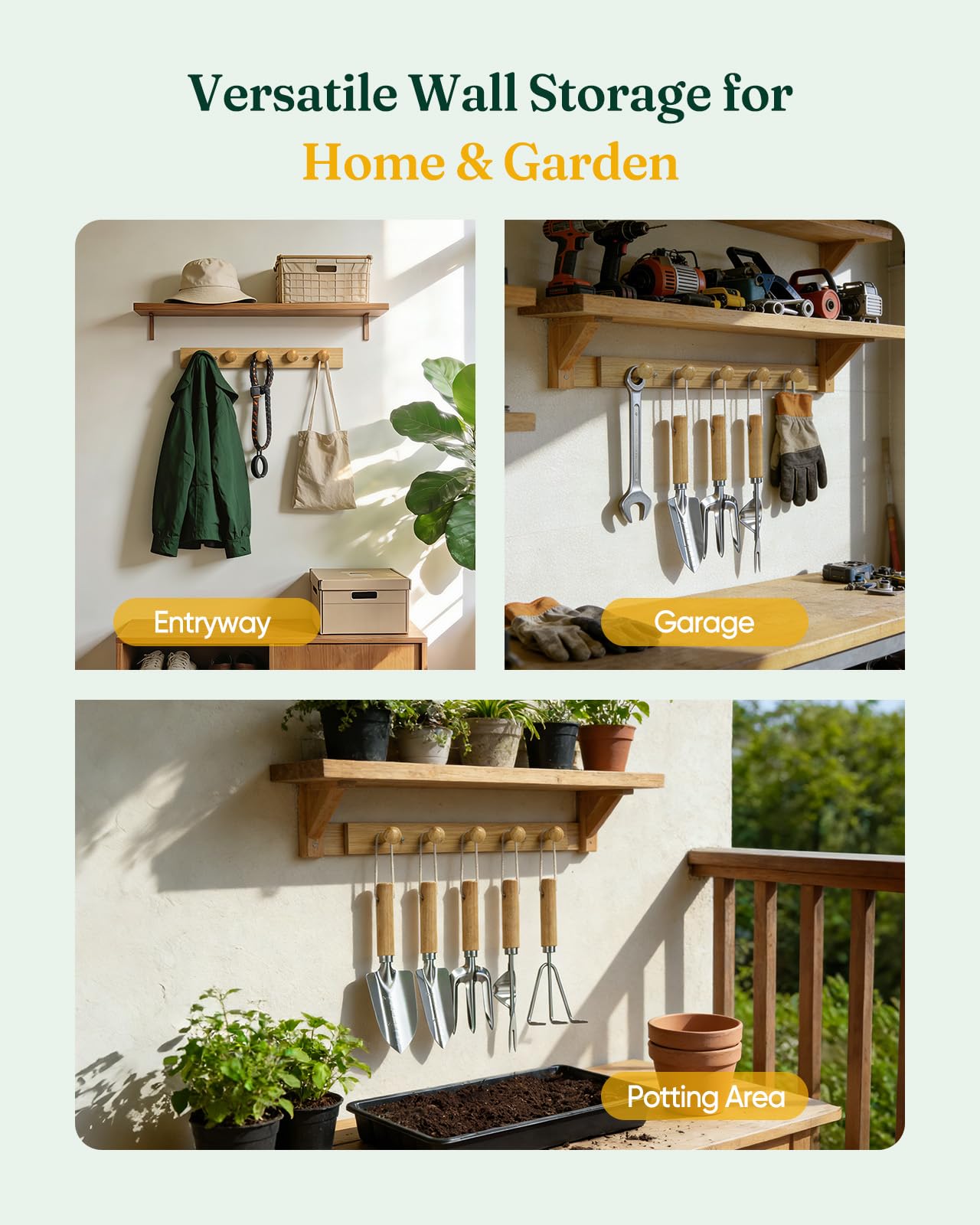 Grenebo wall-mounted coat rack beside garden gear for extra organization.
