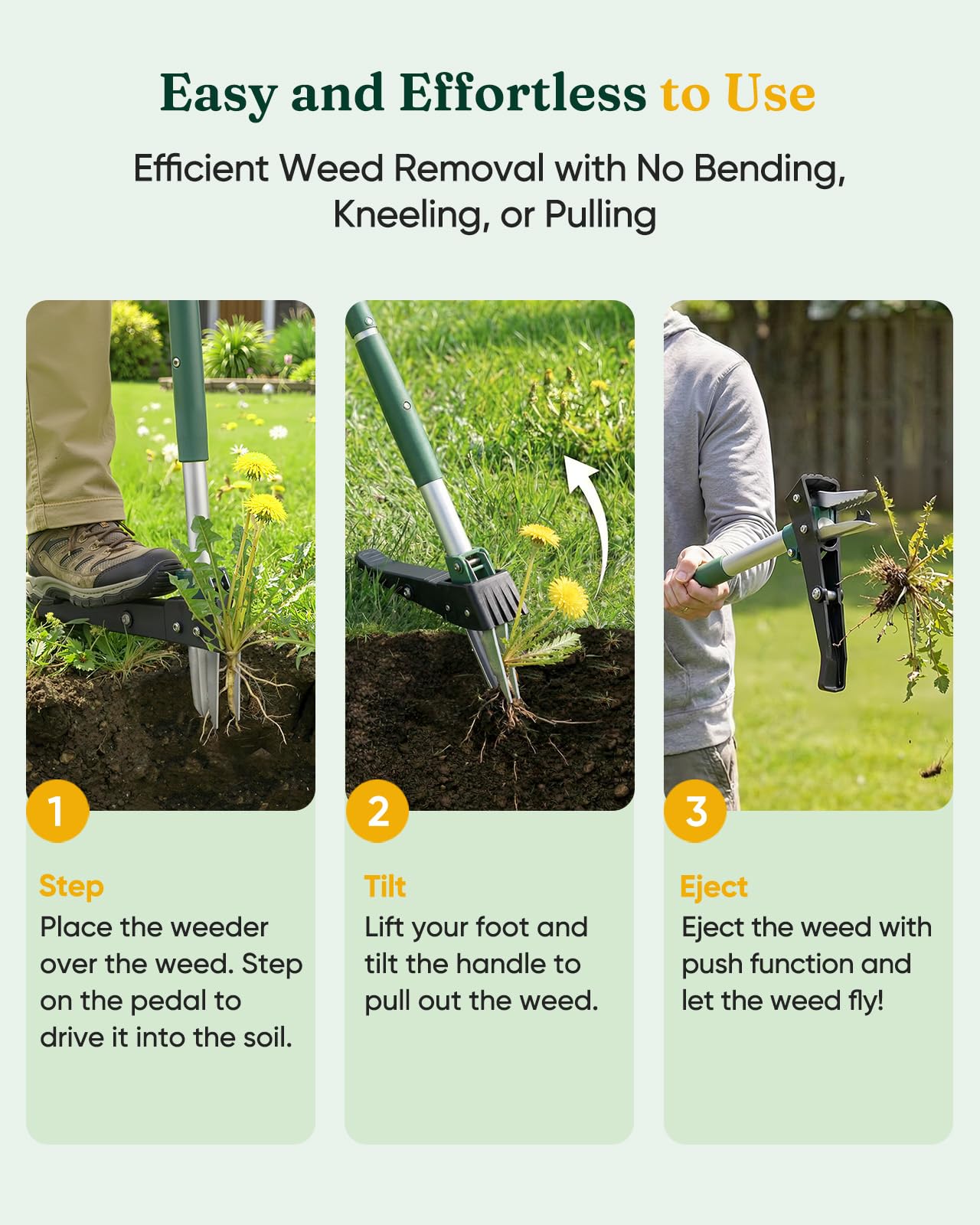 Grenebo weed puller demonstrating quick eject action for clean hands