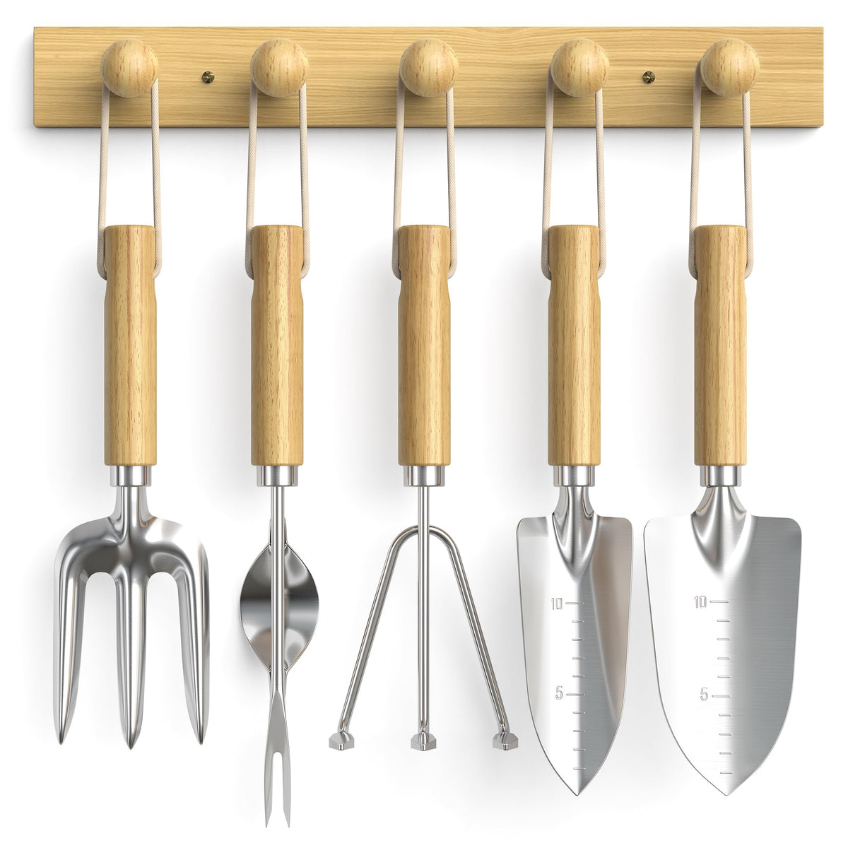 Grenebo wood wall hooks organizer with five hooks for tidy garden tool storage.