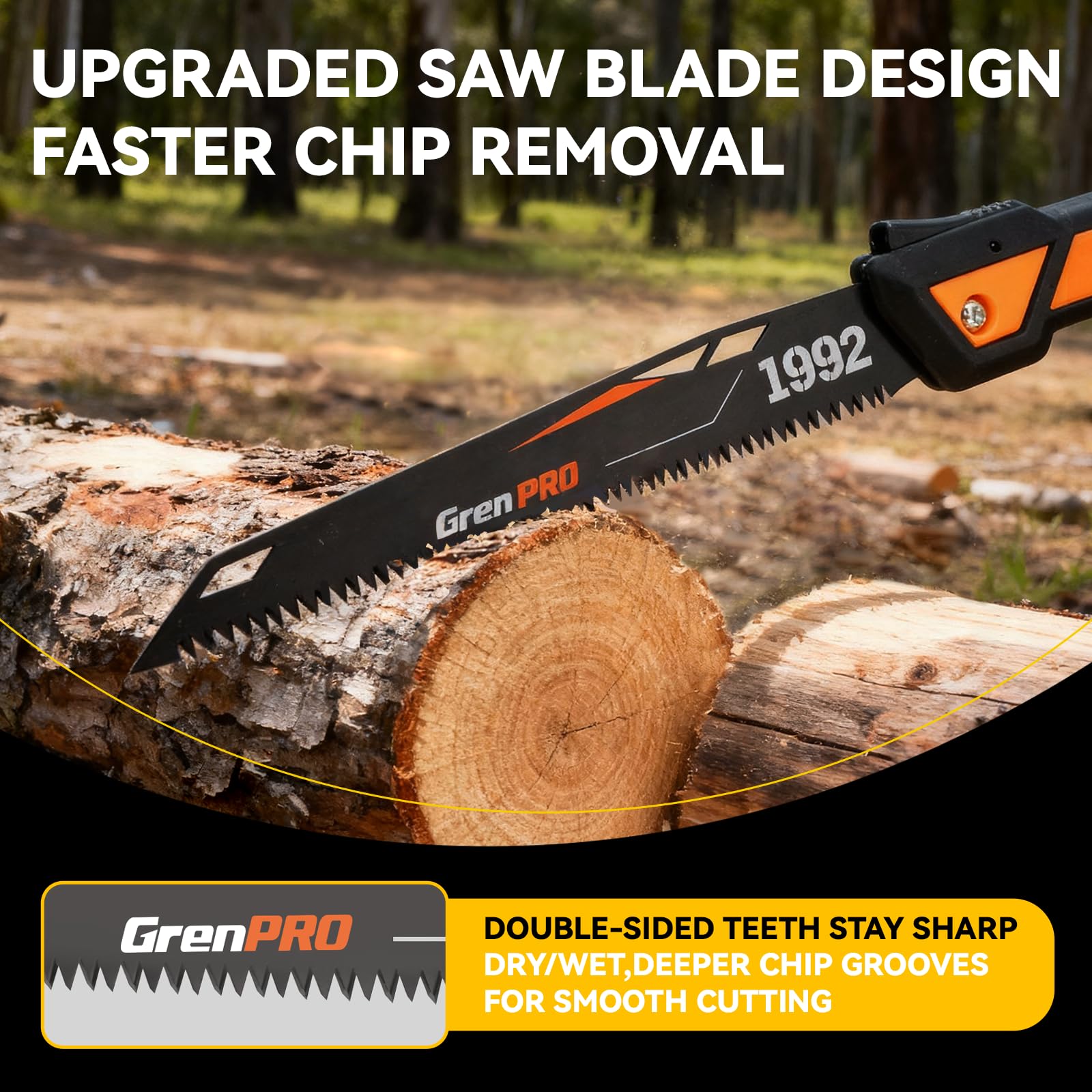 GRENPRO folding saw triple-ground teeth for fast cutting through branches