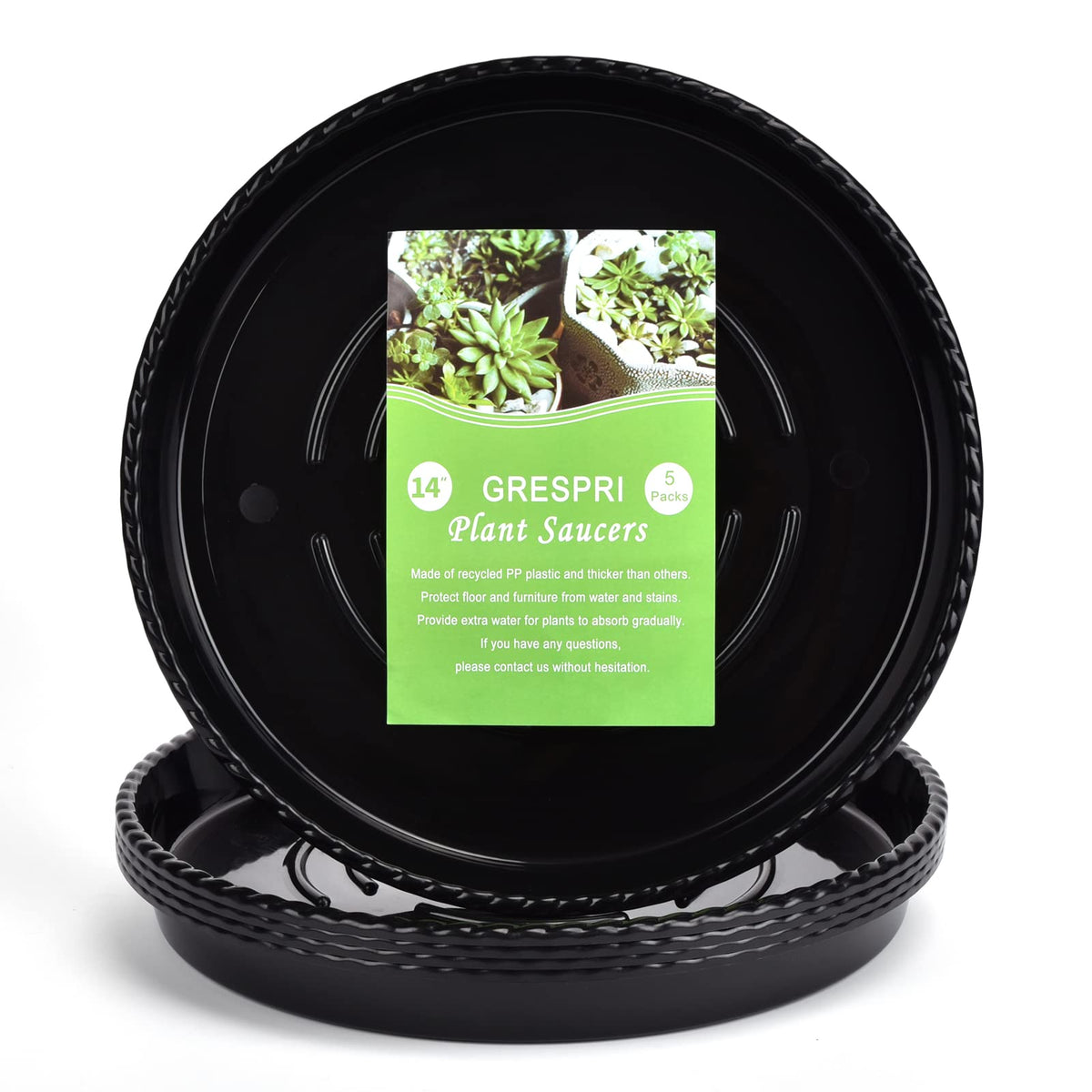 GRESPRI 14 inch black plant saucer ridged base keeps excess water away from pots