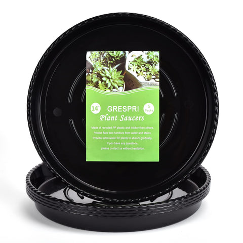 GRESPRI 14 inch black plant saucer ridged base keeps excess water away from pots