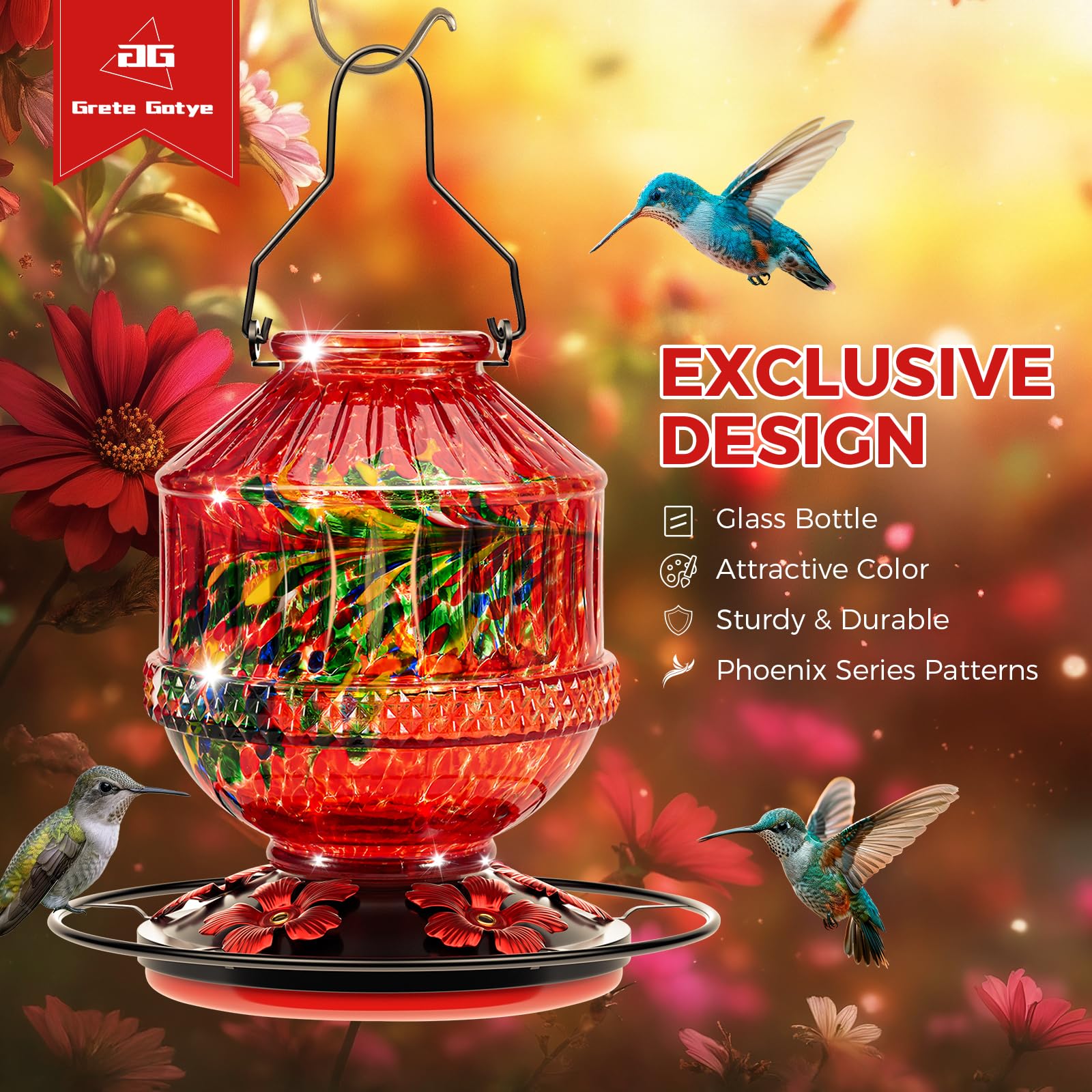 Grete Gotye 25-ounce glass hummingbird feeder keeps nectar available longer between refills.