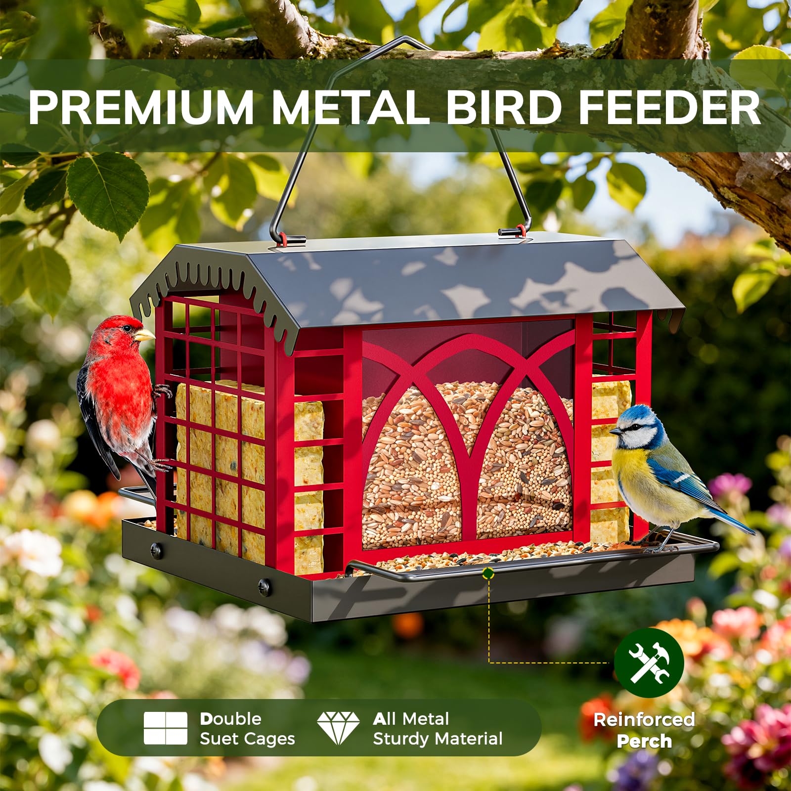 Grete Gotye bird feeder transparent window for easy seed level checks.