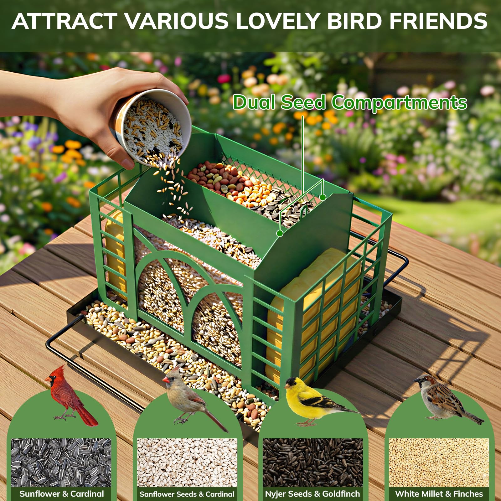 Grete Gotye dual seed compartments and suet cages support a mixed feeding in 360° access.