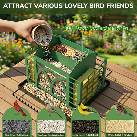 Grete Gotye dual seed compartments and suet cages support a mixed feeding in 360° access.