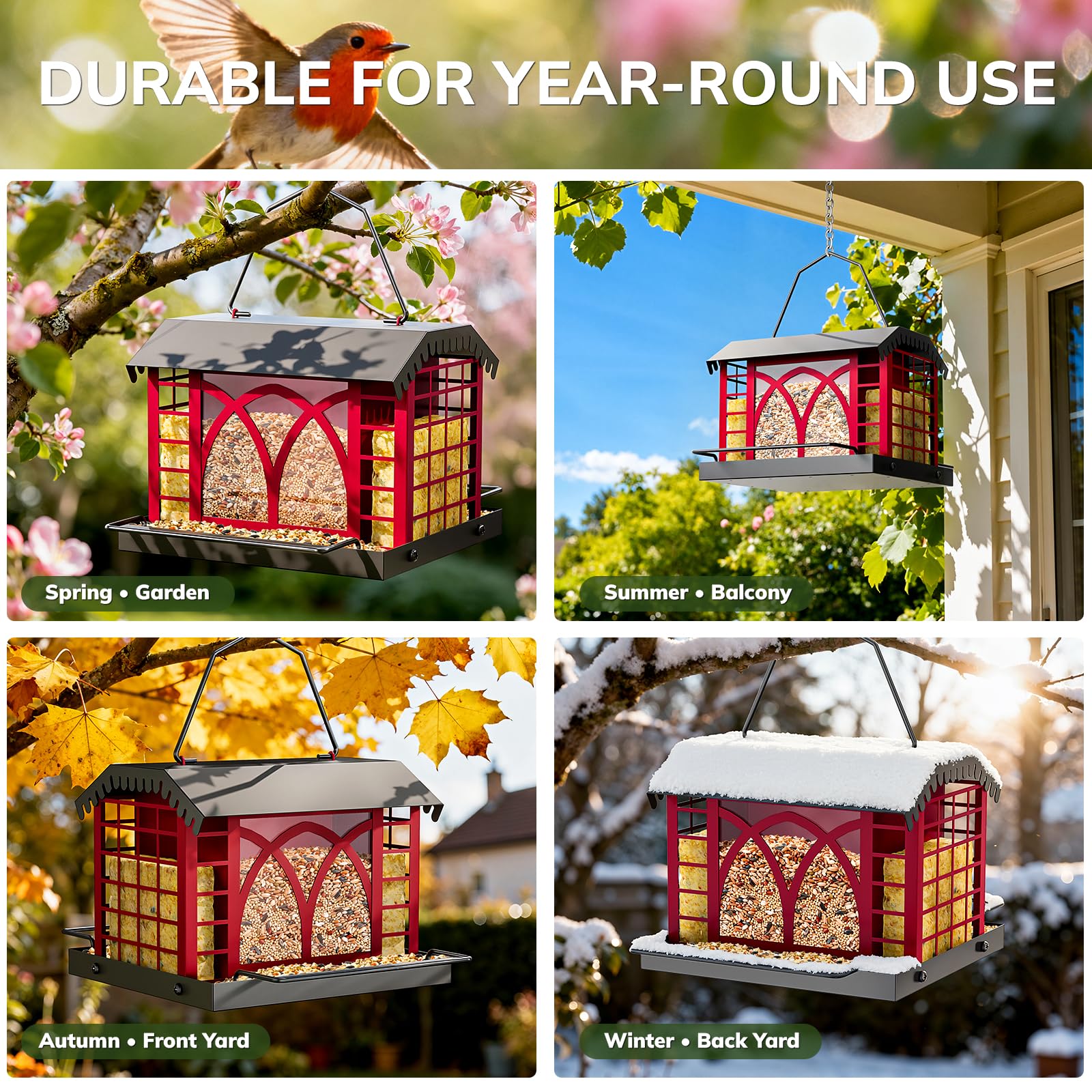Grete Gotye bird feeder lift lid design for easy filling and cleaning.
