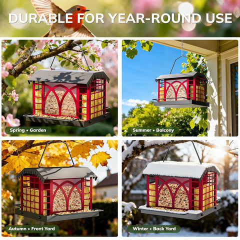 Grete Gotye bird feeder lift lid design for easy filling and cleaning.