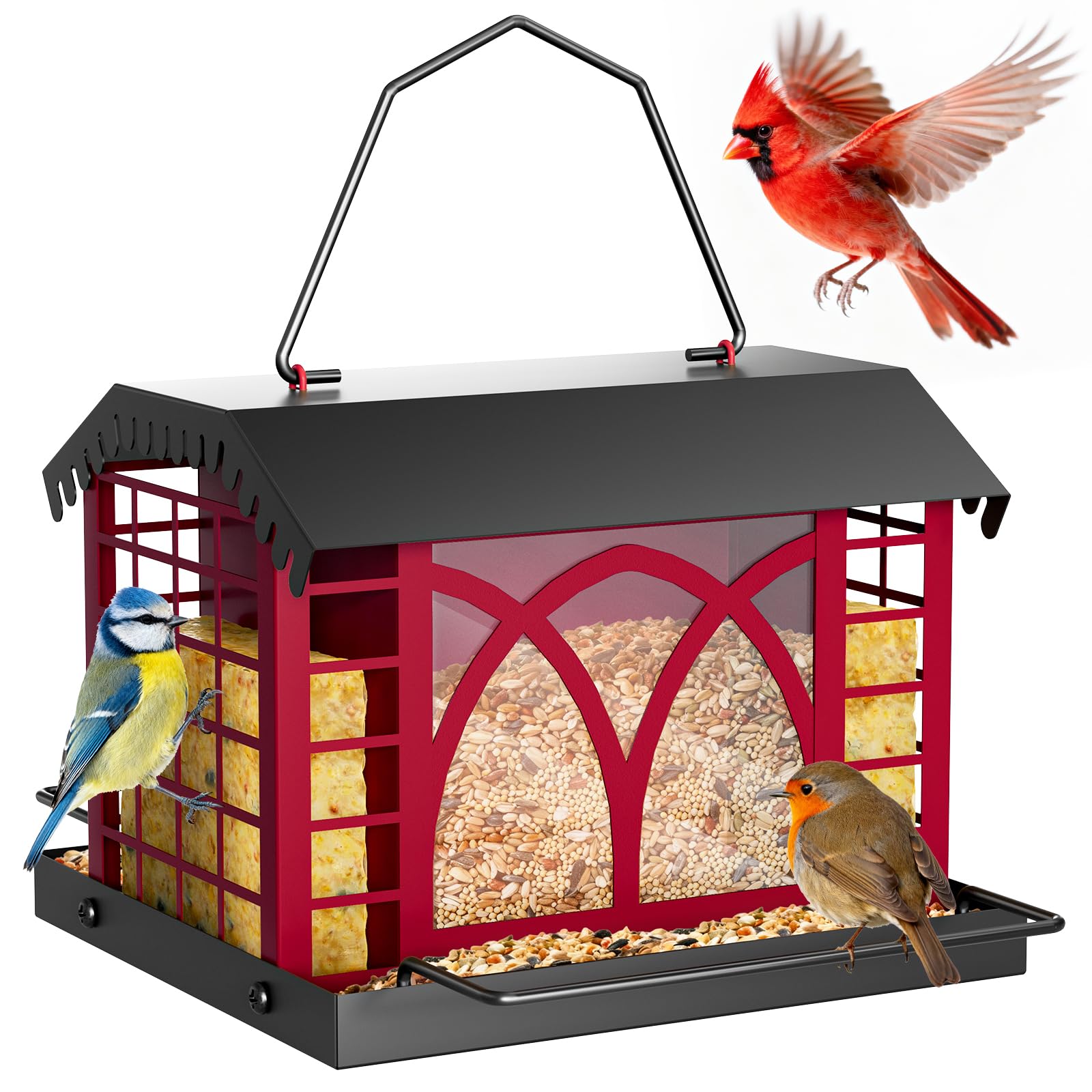 Grete Gotye berry red bird feeder outdoors hanging shows durable metal construction for weather resilience.