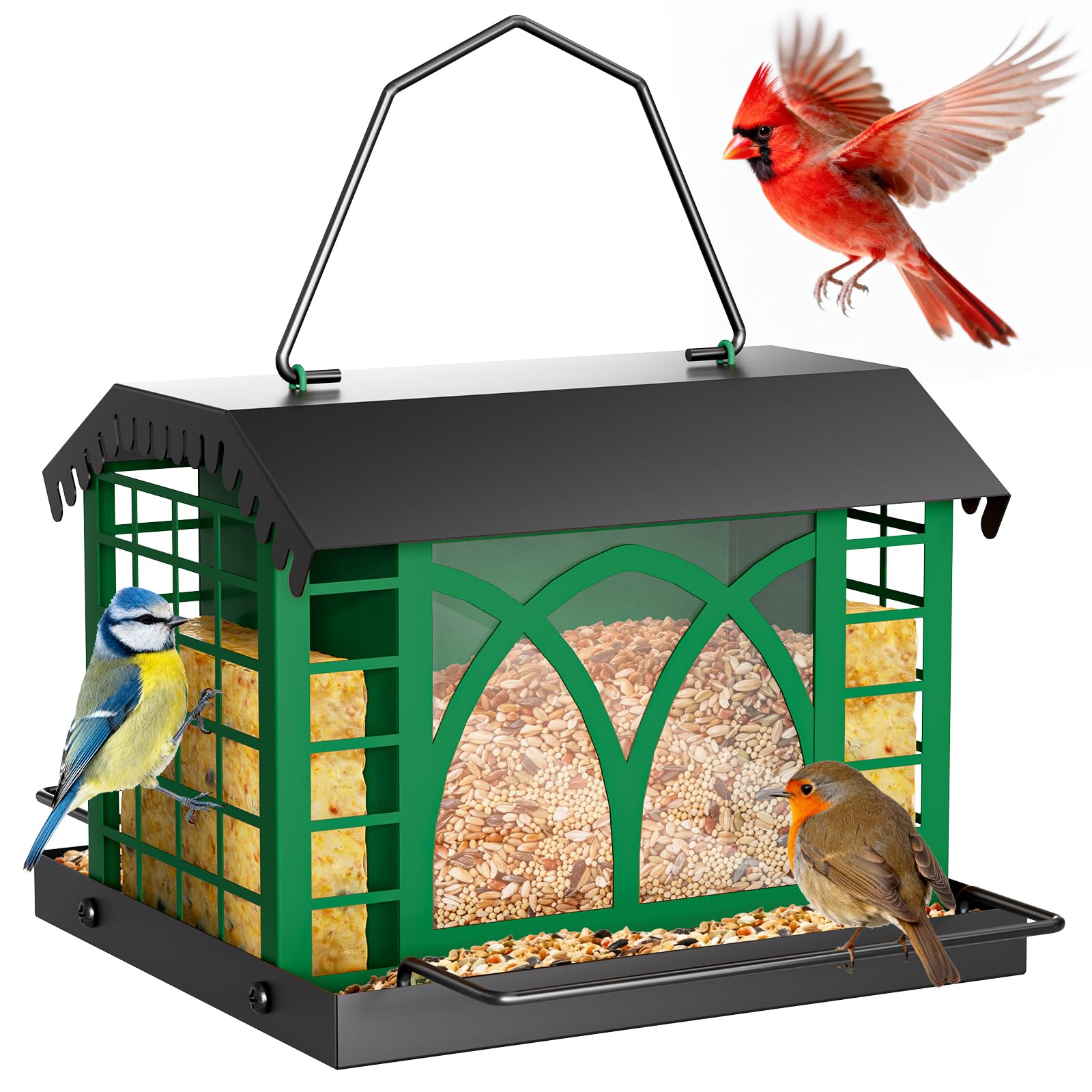 Grete Gotye bird feeder outdoors with durable metal construction attracts finches and cardinals.