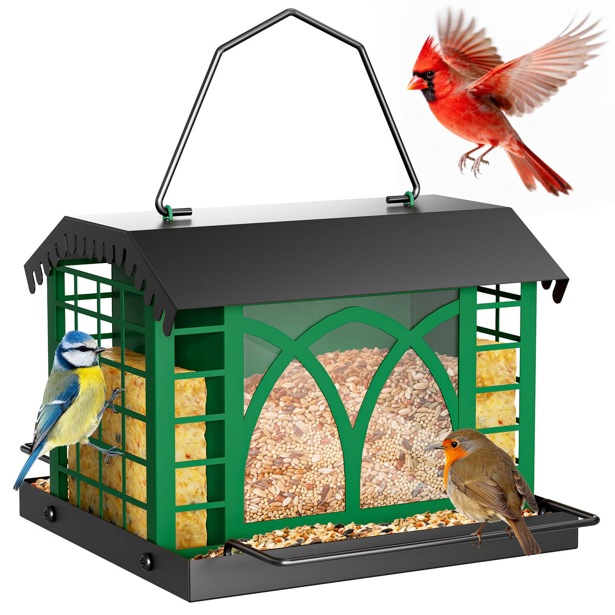 Grete Gotye bird feeder outdoors with durable metal construction attracts finches and cardinals.