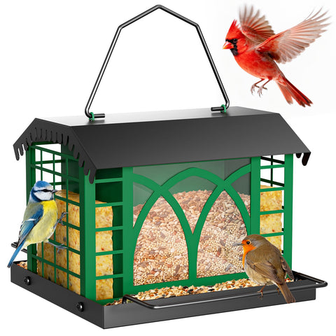 Grete Gotye bird feeder outdoors with durable metal construction attracts finches and cardinals.