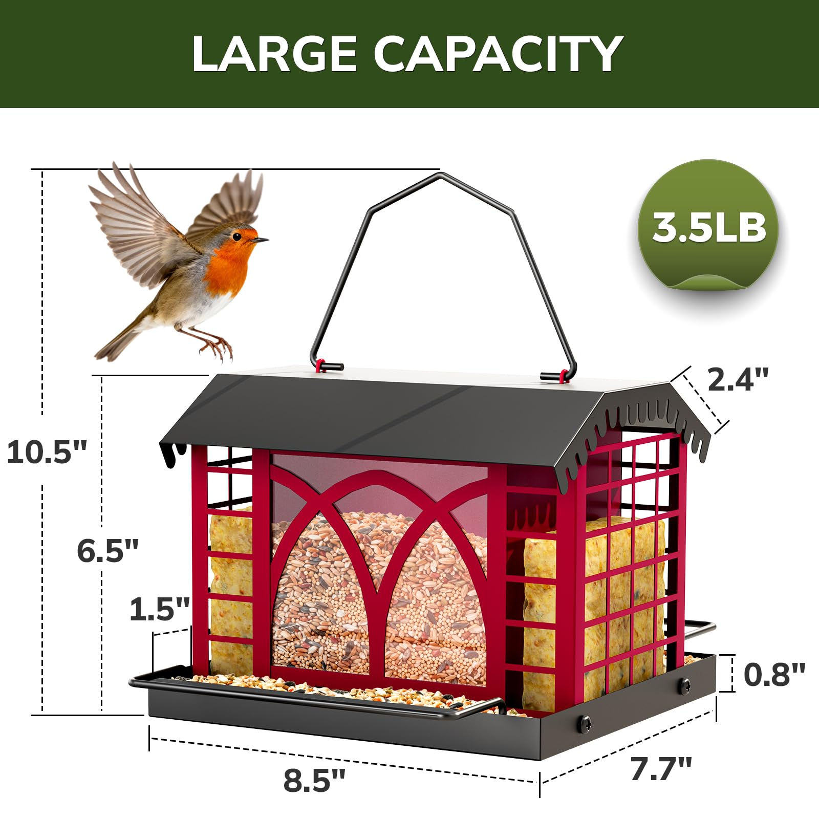 Grete Gotye berry red feeder with weatherproof roof protecting seeds.