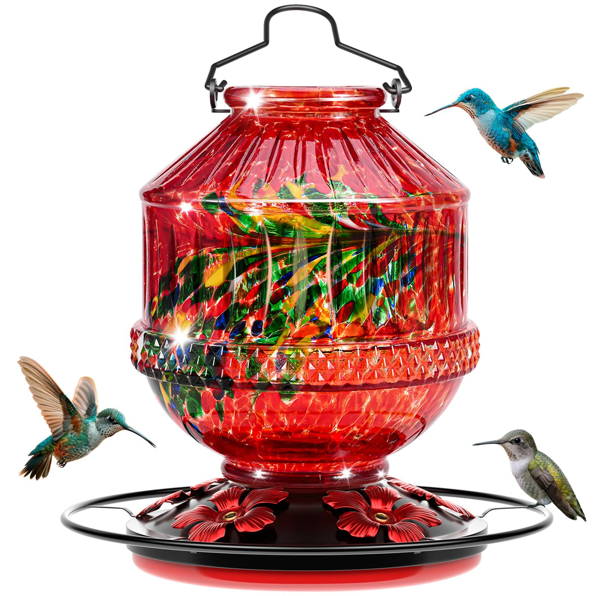 Grete Gotye blown glass hummingbird feeder with flower ports attracts hummingbirds to your garden.