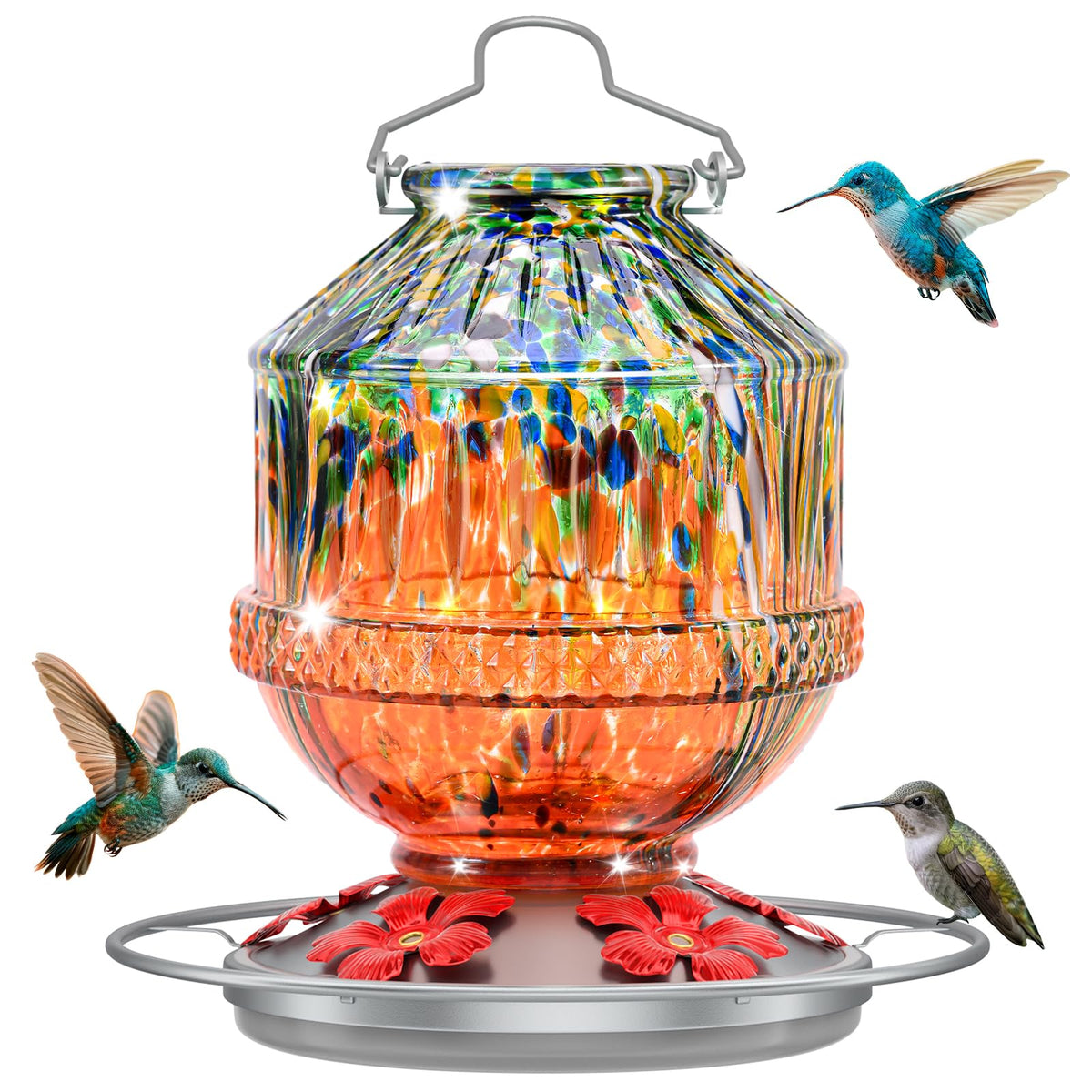Grete Gotye glass hummingbird feeder with nectar bottle for outdoor viewing