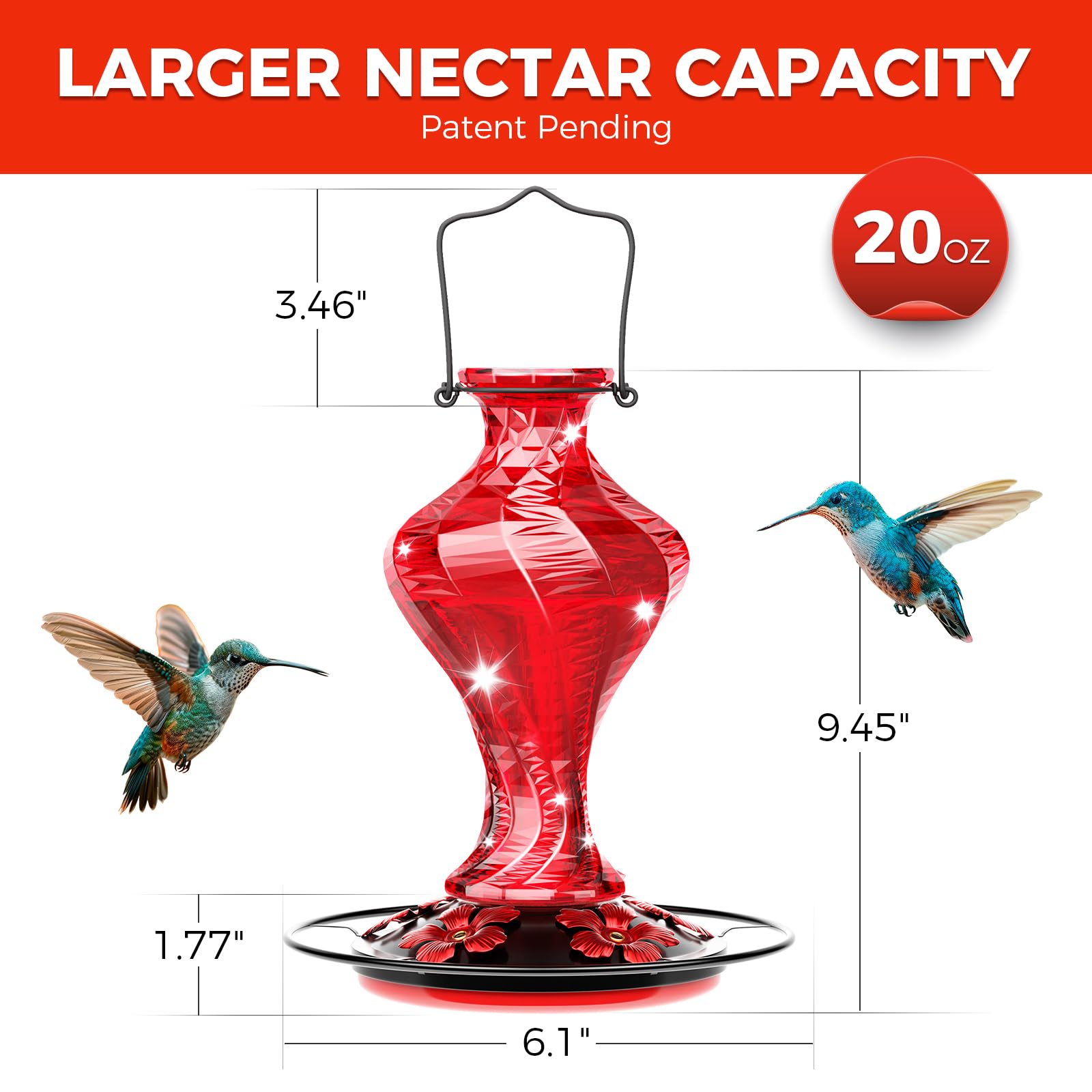 Grete Gotye red feeder adds year-round garden decor and easy hanging.
