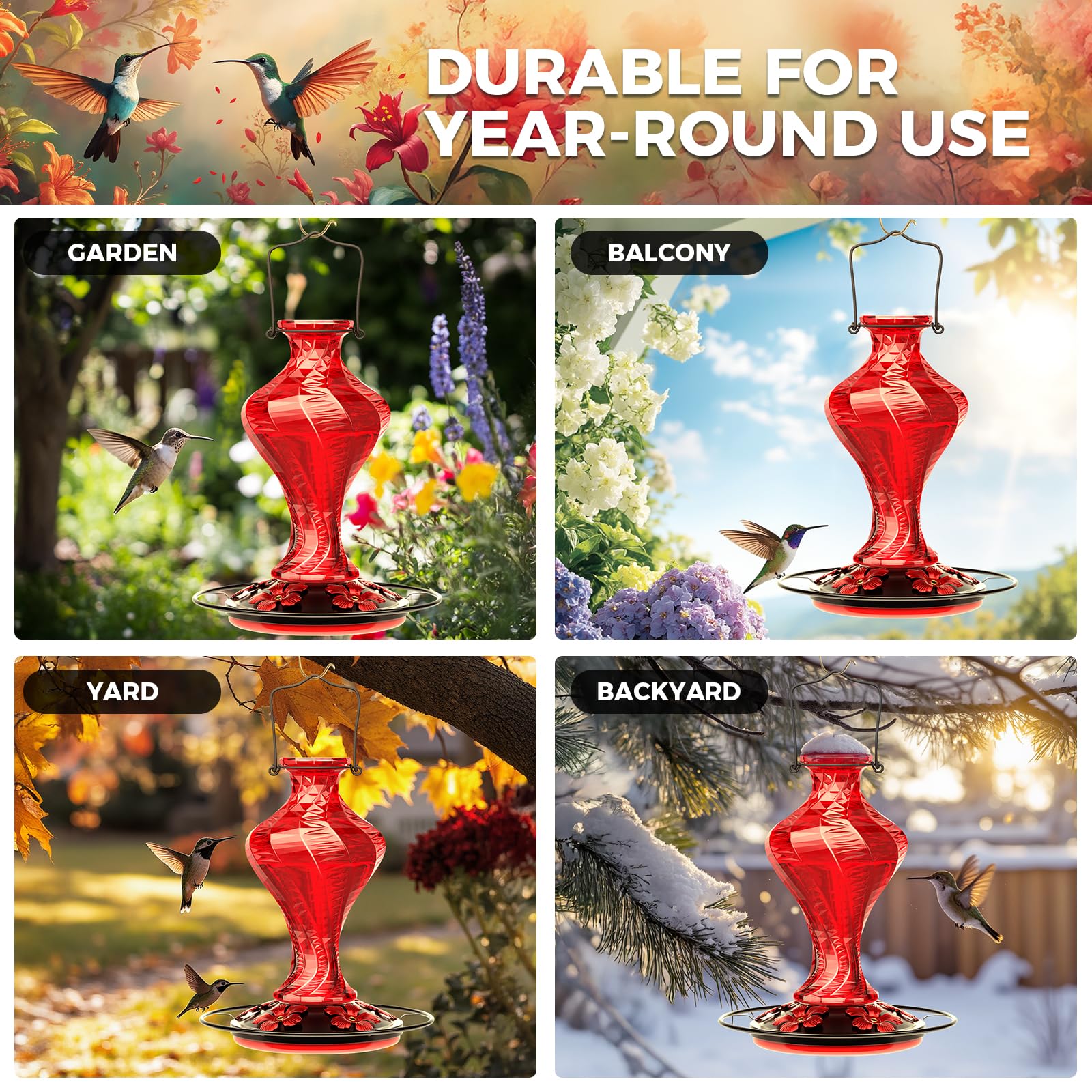 Grete Gotye five-port nectar feeder attracts several hummingbirds at once.
