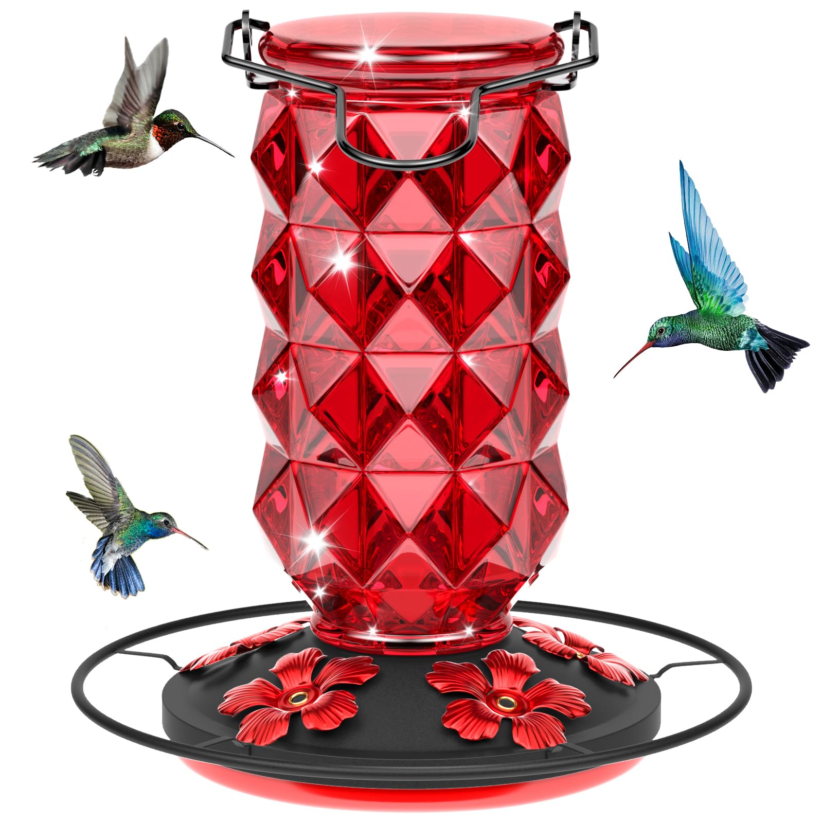 Grete Gotye glass hummingbird feeder 25oz with five ports for backyard viewing.