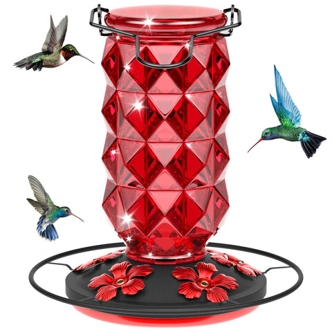 Grete Gotye glass hummingbird feeder 25oz with five ports for backyard viewing.