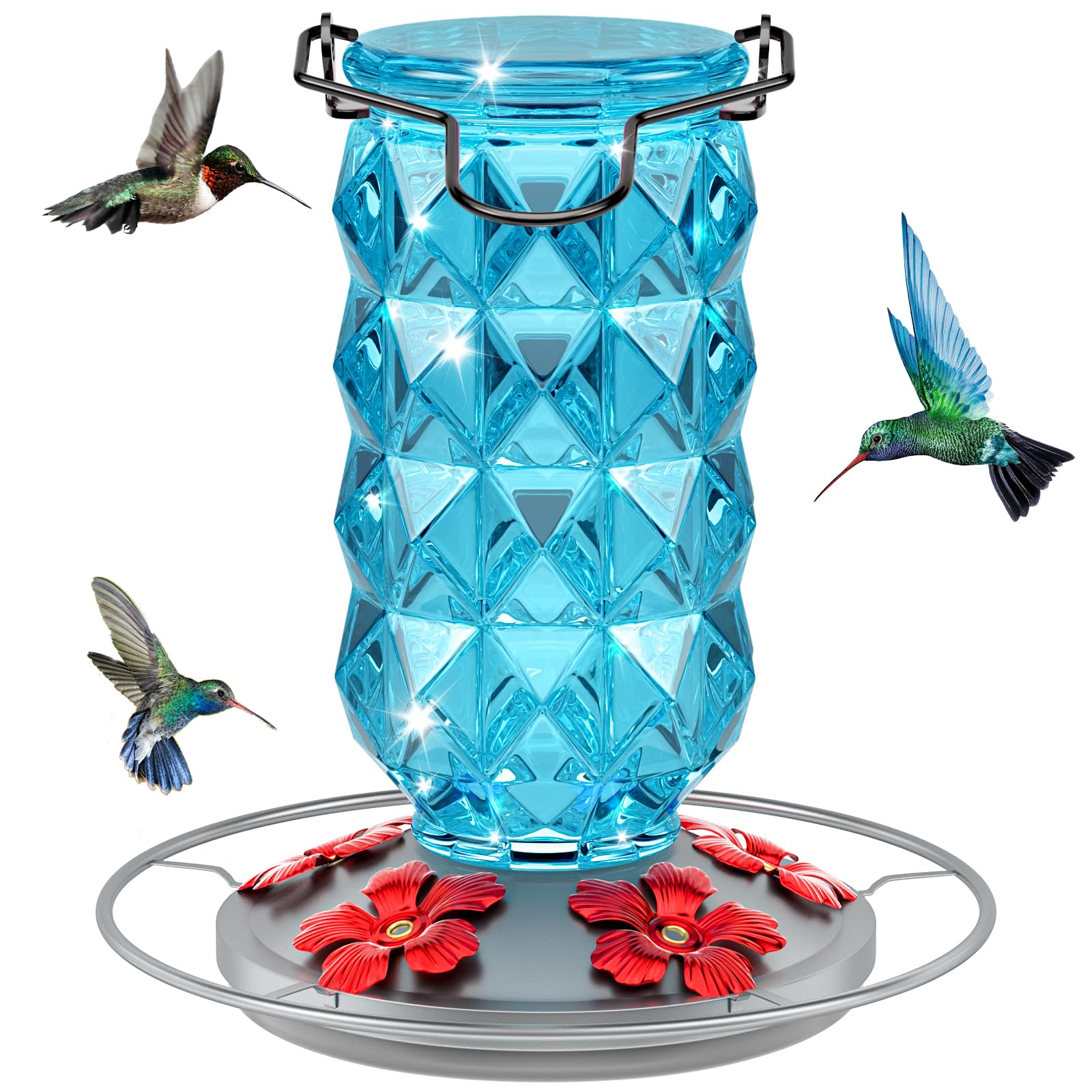 Grete Gotye glass hummingbird feeder with 25 oz capacity for steady nectar supply.