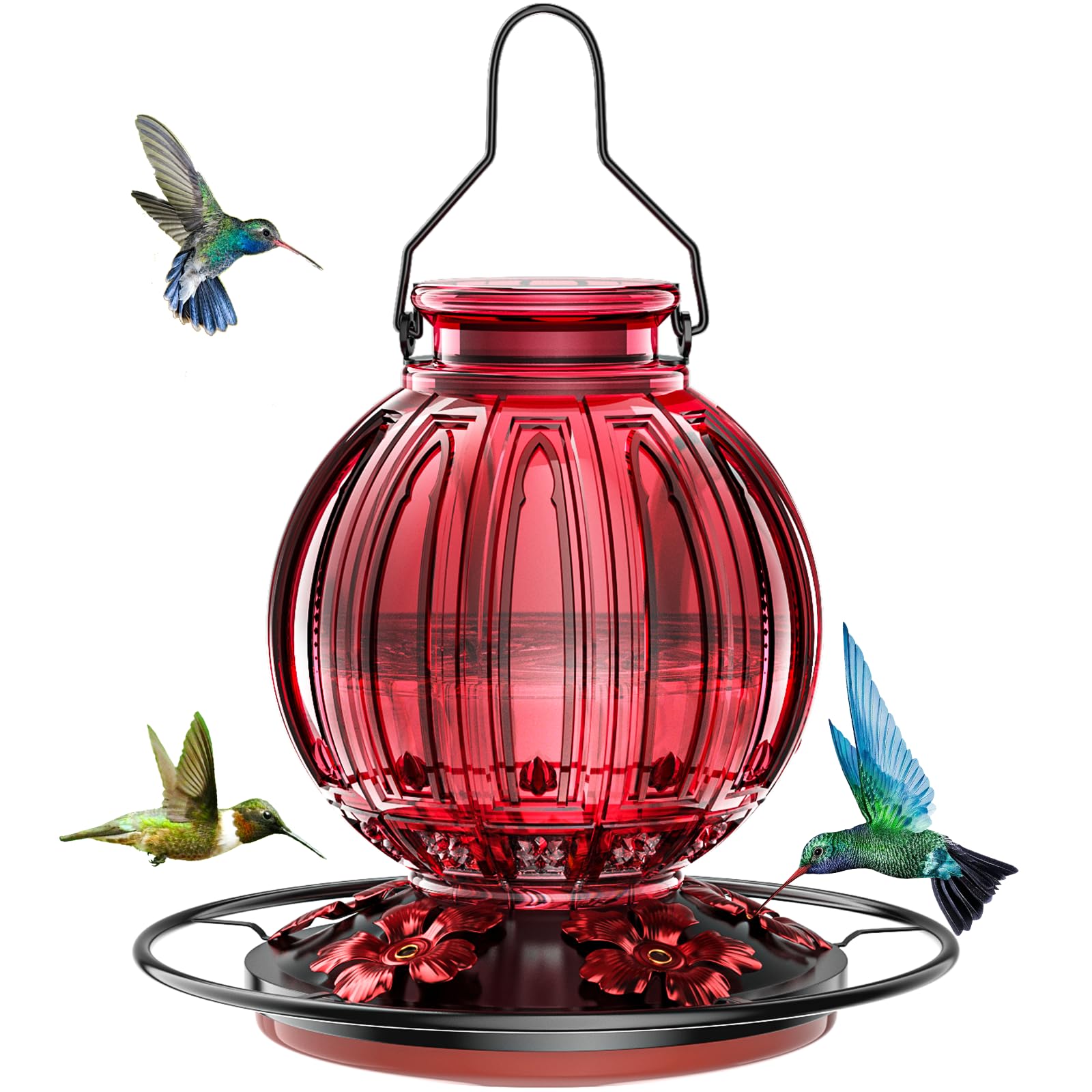 Grete Gotye glass hummingbird feeder with 26 oz capacity in red.
