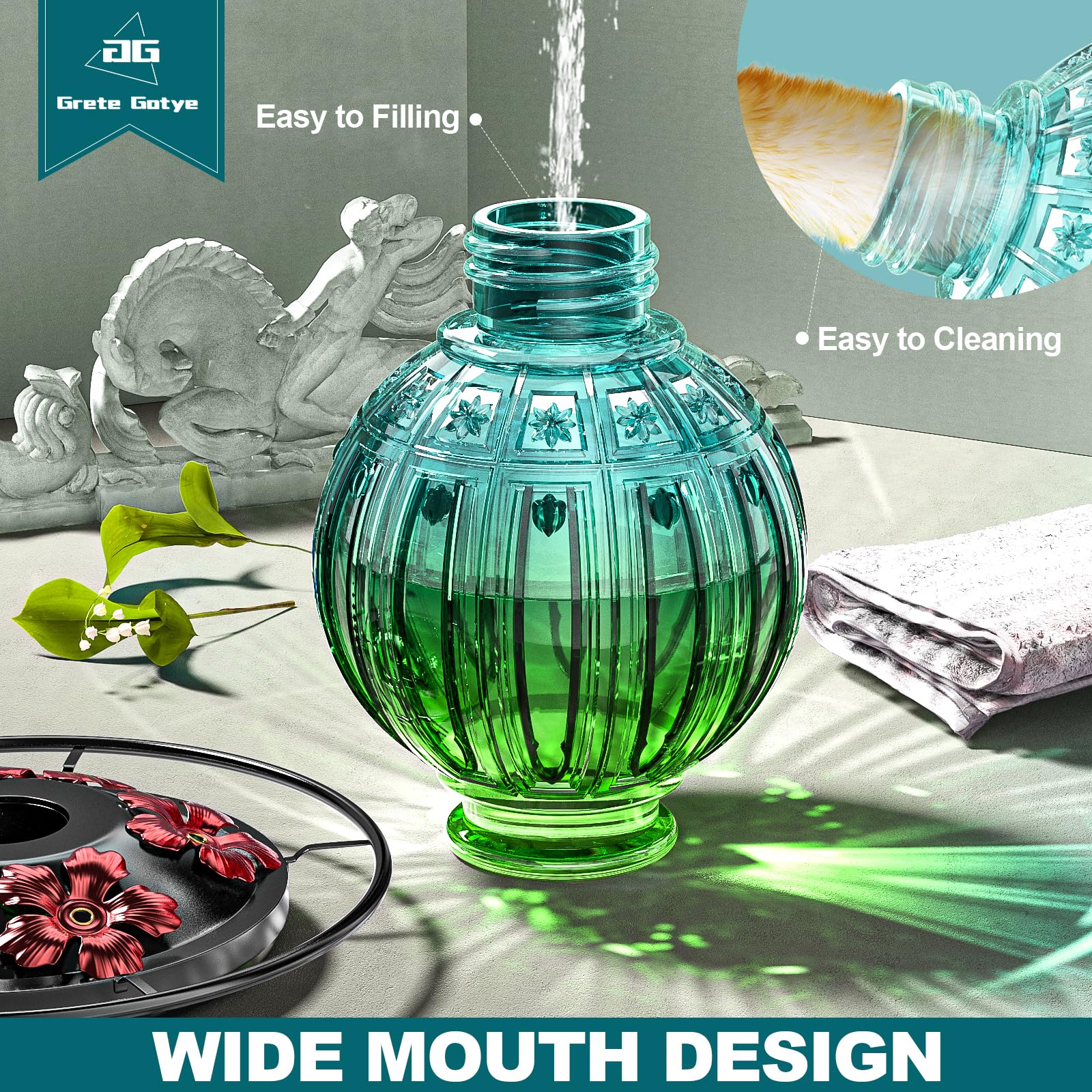 Grete Gotye glass feeder blue side view, durable and decorative garden accent