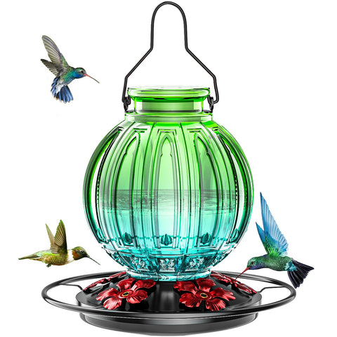 Grete Gotye hummingbird feeder green front view, attracts hummingbirds with retro glass design