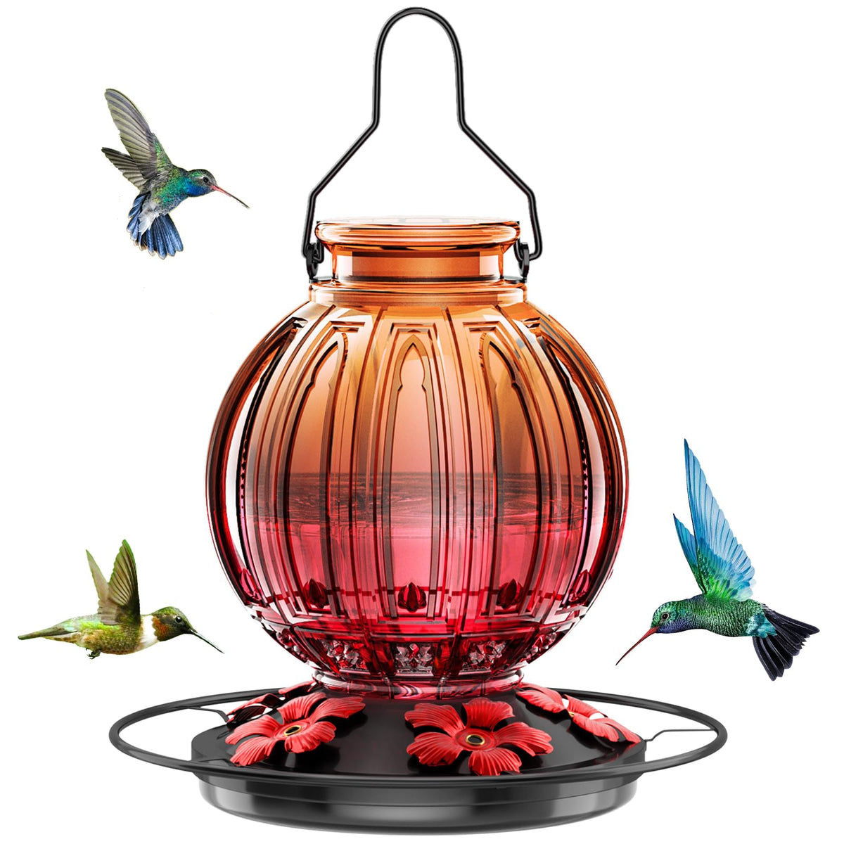 Grete Gotye glass hummingbird feeder outdoors with 26oz capacity attracts nectar-loving birds