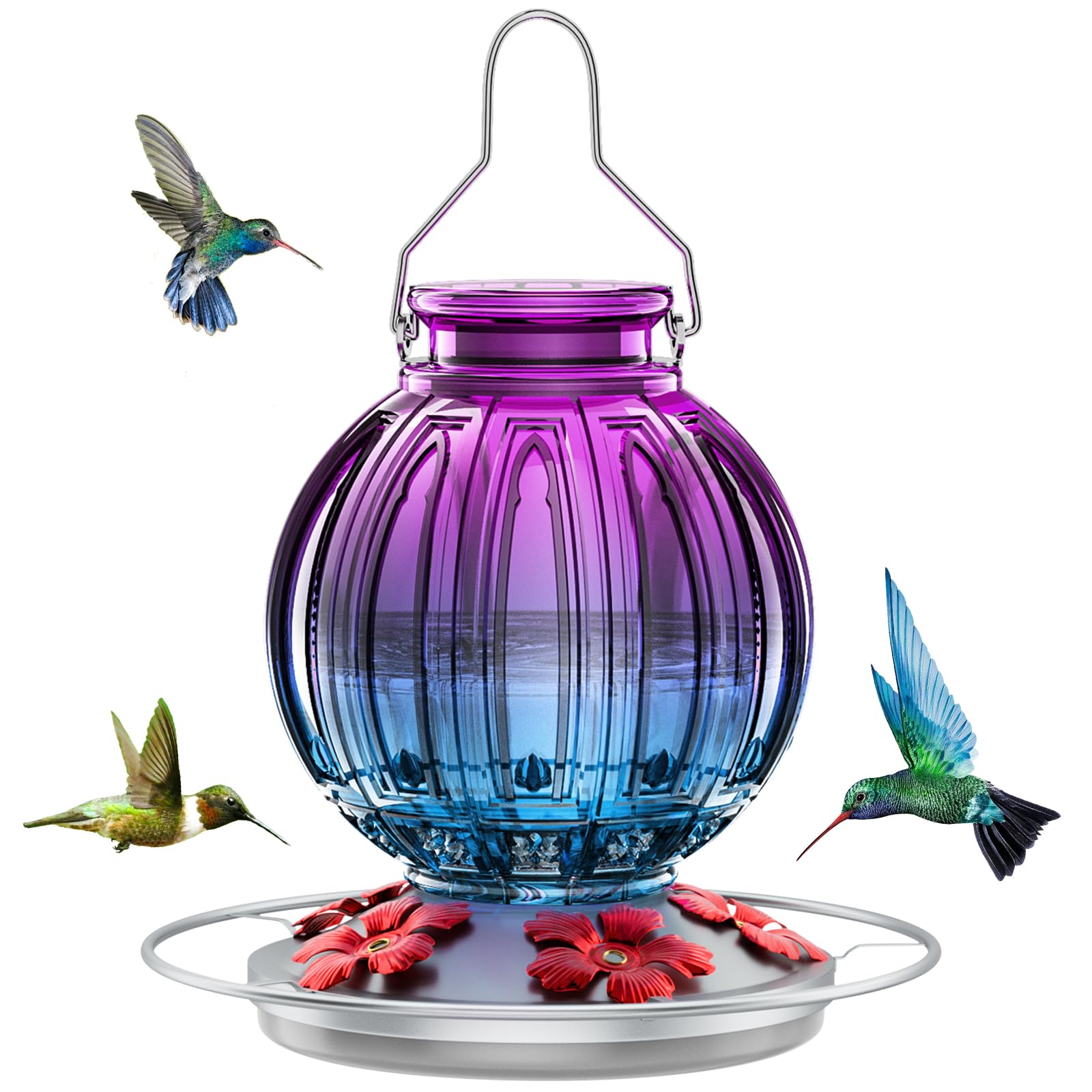 Grete Gotye glass hummingbird feeder with nectar bottle for year-round garden viewing