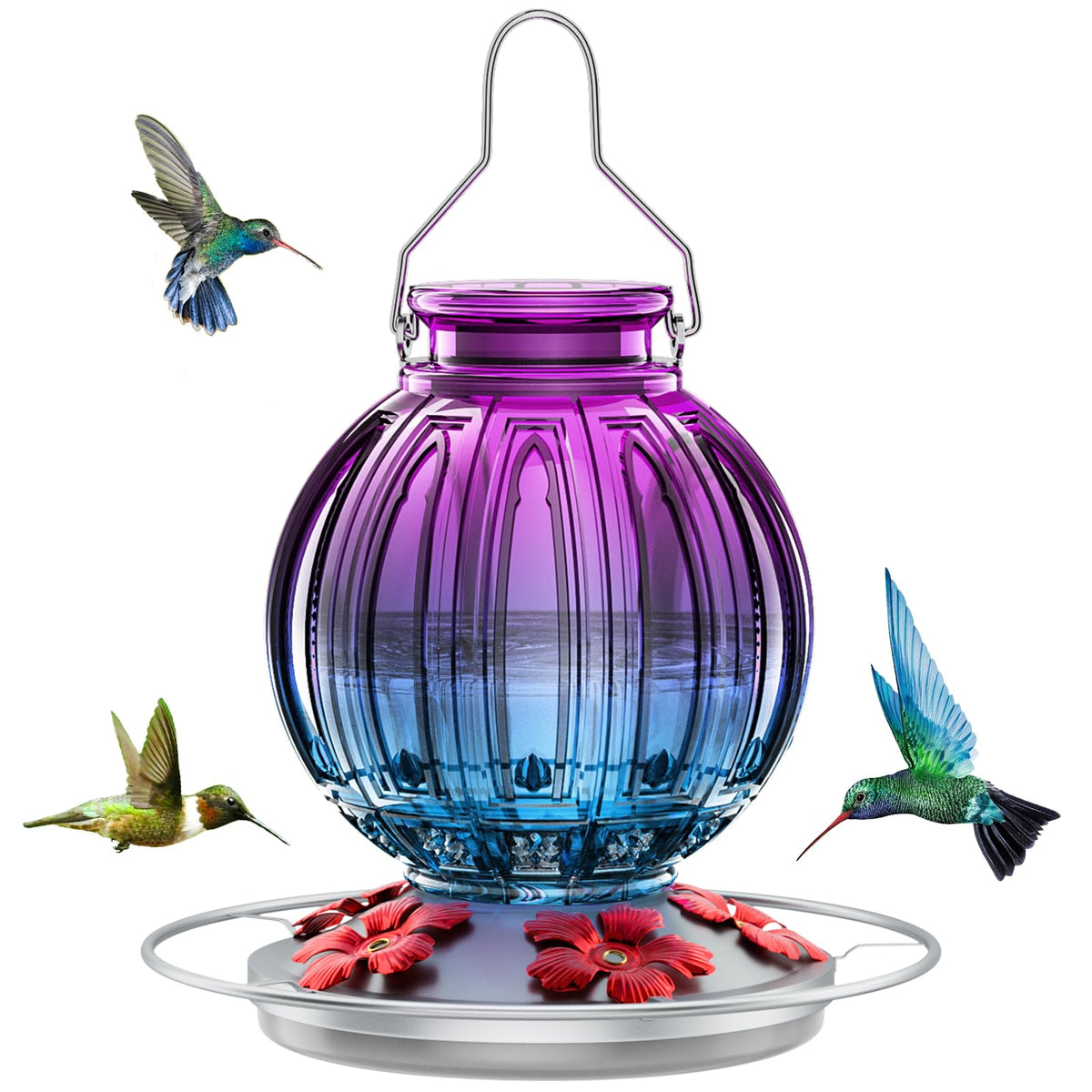 Grete Gotye glass hummingbird feeder with nectar bottle for year-round garden viewing