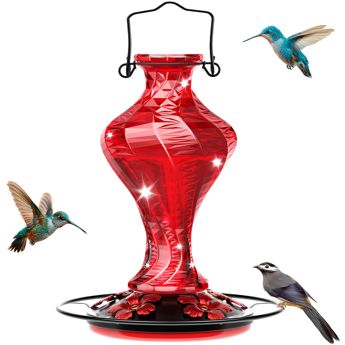 Grete Gotye glass hummingbird feeder with perch and five ports for outdoor nectar.