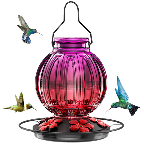 Grete Gotye glass hummingbird feeder with retro ball bottle design attracts birds outdoors.