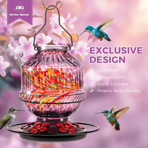 Grete Gotye glass feeder with perch and assembly for multiple hummingbirds.